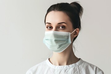 Wall Mural - Portrait of a beautiful young woman in a medical mask on a white background with copy space. Medical Mask. Pandemic Concept with copy space. Healthcare Concept. Epidemic Concept.  