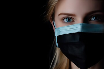 Wall Mural - Portrait of young beautiful woman in medical mask on dark background with copy space. Medical Mask. Pandemic Concept with copy space. Healthcare Concept. Epidemic Concept. 