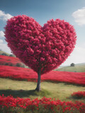 Fototapeta Natura - Pink Heart Shaped Tree With Beautiful Fantasy Landscape. Generative AI