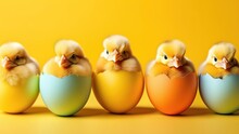 Tiny Little Chickens With Easter Eggs Banner Background Spring Birds Fluffy Cute Chicks Poultry