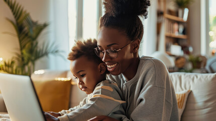 Canvas Print - Woman is sitting on a couch, holding a toddler on her lap while working on a laptop in a cozy home environment.