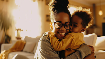 Wall Mural - Mother and her young daughter are smiling and enjoying time together while looking at a tablet in a cozy living room setting.