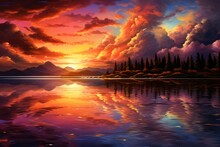An Image Of A Vibrant Sunset Over A Serene Lake, With Colorful Reflections Shimmering On The Water