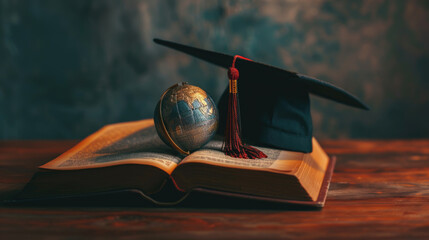 Wall Mural - Miniature globe with a graduation cap on top, placed on an open book.