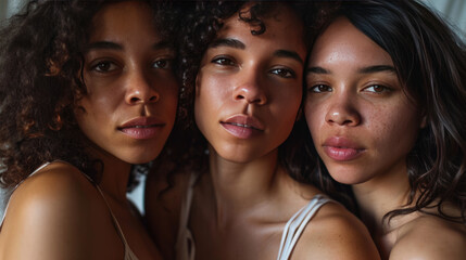 Sticker - Three young women with diverse skin tones are posing closely together, smiling