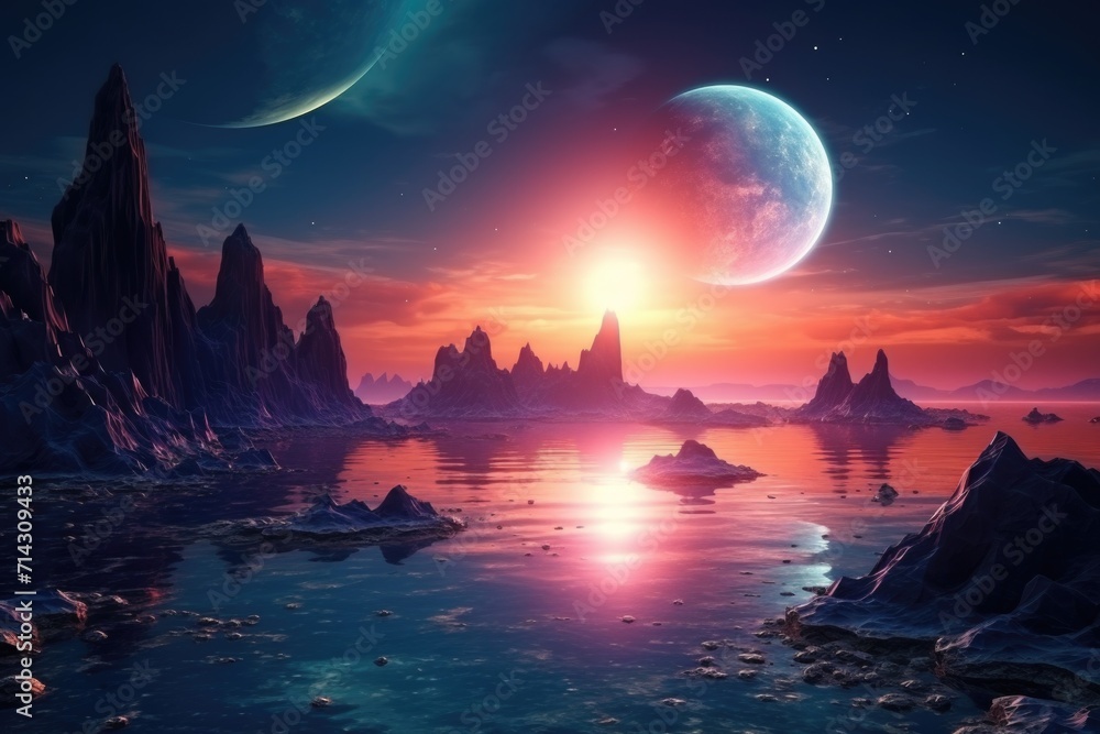 Alien world sunset with ocean, space background, fantasy rendering ...