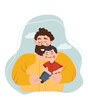 Happy Father's Day picture, a cheerful father hugs and cares for his children. The concept of parental love, care, raising children. Ideal for a postcard, poster. Vector. 