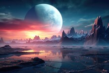 Alien World Sunset With Ocean, Space Background, Fantasy Rendering.