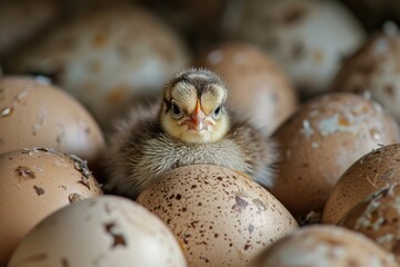 Newborn chicks that have just hatched from the egg, still have the nest on their bottom. Generative AI