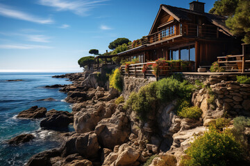 Wall Mural - Vintage luxury wooden villa on a rocky seashore. Luxury vacation concept.