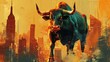 Powerful bull set against a city backdrop, symbolizing a robust and bullish stock market. This imagery conveys strength, growth, and optimism in financial markets.