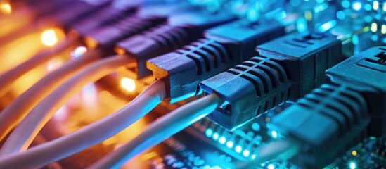 Poster - Fiber optic cables linked to optic ports and network cables connected to Ethernet ports.