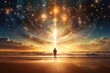 NASA provides elements for dreamlike image with man, stars, sun, beach, and alien landscape.