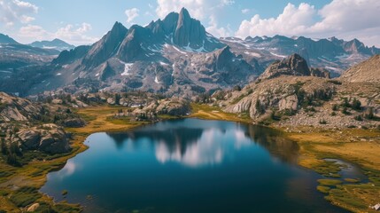 Sticker -  a mountain range with a lake in the foreground and a mountain range in the background with a few clouds in the sky and some green grass in the foreground.