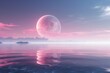 Alien planet landscape with pink moon reflecting in ocean.