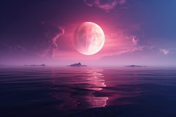 Wall Mural - Alien planet landscape with pink moon reflecting in ocean.