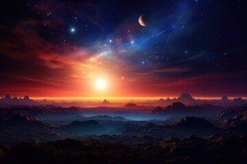 Wall Mural - Cosmic landscape with Mars sunrise, stars, and alien galaxy.