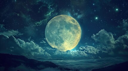 Poster -  a full moon rising above the clouds in a night sky with stars and a full moon in the middle of the night sky with clouds and stars in the sky.