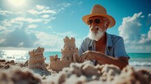 Jolly Man Enjoying A Day At The Beach, Building Sandcastles And Soaking Up The Sun. [Man At The Beach Building Sandcastles