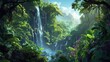  a painting of a waterfall in the middle of a jungle with lots of trees and flowers on either side of the waterfall is a bright blue sky with white clouds.