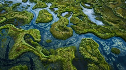 Poster -  an aerial view of a body of water surrounded by land and grass covered in green algae, with blue water in the foreground and a few clouds in the distance.