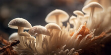 Mushrooms Are Growing On A Tree Stump In The Dark Generative Ai,Mushrooms Growing In A Wooden Planter,Small White Mushrooms With Autumn Leaves Over Them In The Woods Background


