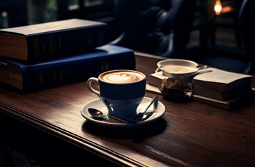 Sticker - book pro and coffee on a wooden table