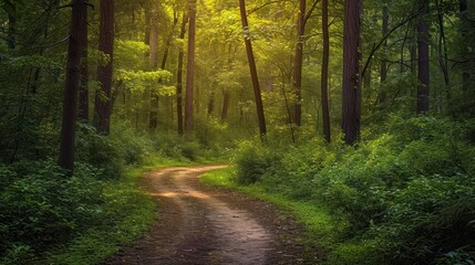   a dirt road in the middle of a forest with lots of trees and bushes on both sides of the dirt road is surrounded by tall trees and lush green foliage.