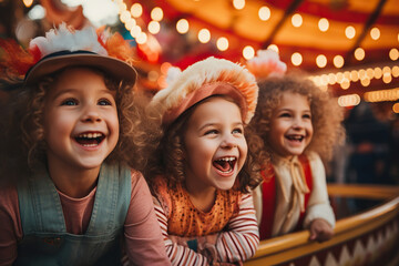 Happy children smiling in an amusement park with carousels in the background. Generated by artificial intelligence