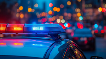 Blue and red light flasher atop of a police car. City lights on the background.