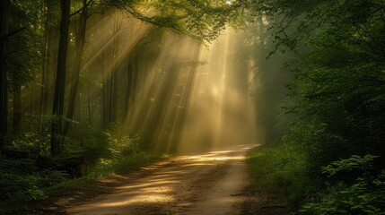 Sticker -  a dirt road in the middle of a forest with sunbeams shining through the trees on either side of the road is a dirt path with a bench on the other side.