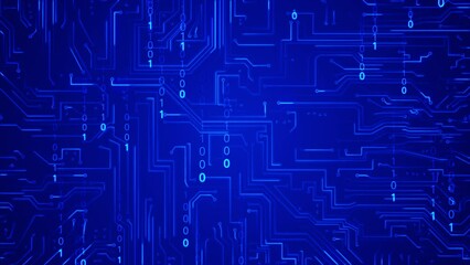 Circuit board connection and falling down binary code on blue background. Digital rain of binary numbers. Numbers flowing between lines. Moving electrons on motherboard. Internet technology concept. 
