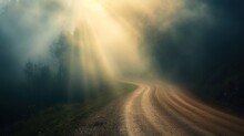  A Dirt Road In The Middle Of A Forest With Sunbeams Coming Through The Fog And Sunbeams Coming Out Of The Trees On The Side Of The Road.