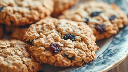 Poster -  a plate full of oatmeal cookies with raisins and cranberries on top of each one of the cookies is on a blue and white plate.