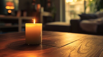 Sticker -  a lit candle sitting on top of a wooden table in front of a living room with a couch and a table in front of a window and a couch in the background.