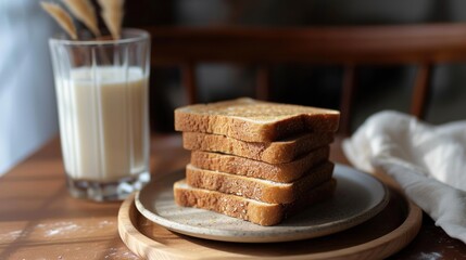 Poster -  a stack of toasted bread sitting on top of a plate next to a glass of milk on top of a wooden table with a napkin and a wooden chair in the background.