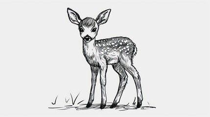 Sticker -  a black and white drawing of a fawn standing in the grass with its head turned to the side, looking at the camera, with its eyes wide open mouth wide open.