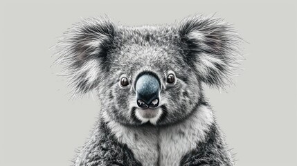 Poster -  a black and white photo of a koala with a sad look on it's face and it's hair blowing in the wind, with a gray background.