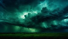 Black Dark Greenish Blue Dramatic Night Sky Gloomy Ominous Storm Rain Clouds Background Cloudy Thunderstorm Hurricane Wind Lightning Epic Fantasy Mystic Or Creepy Spooky Nightmare Horror Concept