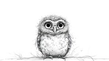  A Black And White Drawing Of A Small Owl Sitting On Top Of A Tree Branch With Its Eyes Wide Open And One Eye Wide Open, On A White Background.