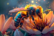 Colorful Bee In A Fantasy Environment With A Golden Spotlight On A Flower AI Generated