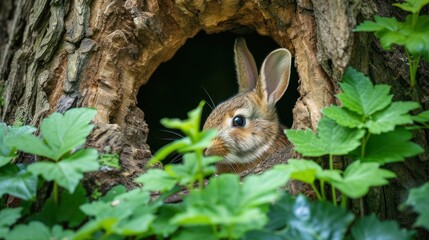 Poster -  a close up of a rabbit in a hole in the bark of a tree with green leaves in the foreground and a tree trunk with green leaves in the background.