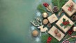 north pole charm top view image of kraft gift boxes wrapping accessories baubles wooden deer ornament mistletoe berries pine cones and frosty greenery on a subtle green base for text or ads