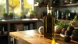  a bottle of olive oil sitting on top of a wooden table next to a bowl of black truffles and a bowl of broccoli on the counter.