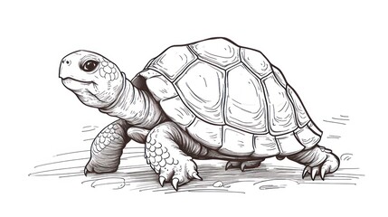 Poster -  a black and white drawing of a turtle with its head turned to the side and it's head turned to the side, with one foot on the ground.