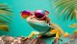 lizard on turquoise background wearing colourful sunglasses generative ai