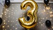 the golden number three air balloon for baby shower celebrate decoration party on background