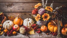 Autumn Thanksgiving Moody Background With Different Pumpkins Fall Fruit And Flowers On Rustic Wooden Table Flat Lay