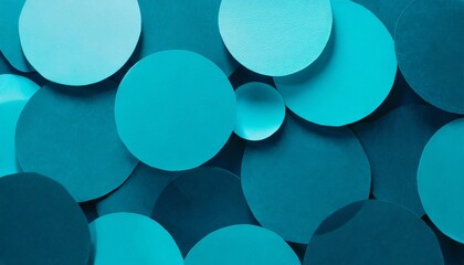 Wall Mural - deep blue turquoise abstract background of paper circles pattern of different size fly perspective top view backdrop for advertising design card poster flyer text in rich luxury modern style