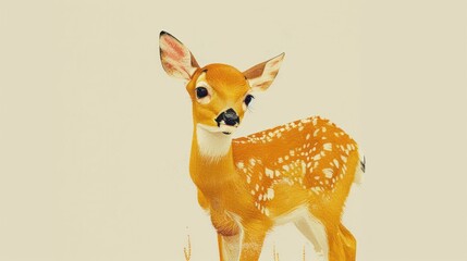 Canvas Print -  a painting of a fawn standing in a field of grass with a white sky in the background and a brown and white stripe on the side of the deer's head.